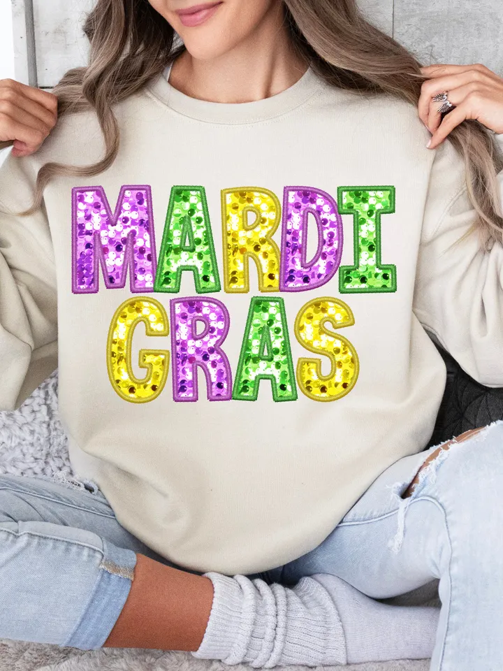 Mardi Gras Faux Sequin Embroidered PNG- Mardi Gras Shirt, Mardi Gras Digital, DTF, Faux Embroidery, Stitch, Matching, Glitter