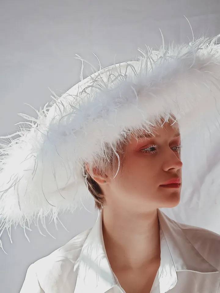 feather hat, photo shoot hat, futuristic hat, wedding hat, costume hat, ostrich feather hat, beautiful hat.