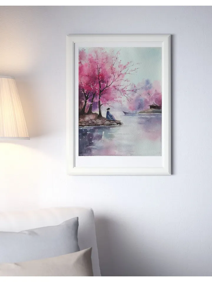 Original Watercolor Painting Japan Landscape Art Sakura blossoms Artwork 27x39 cm by SoftWaves