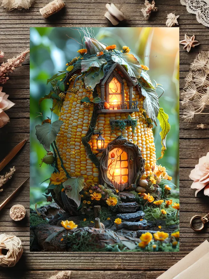 Set of 6 Enchanted Corn Cob Fairy House Postcards – Whimsical Fantasy Art
