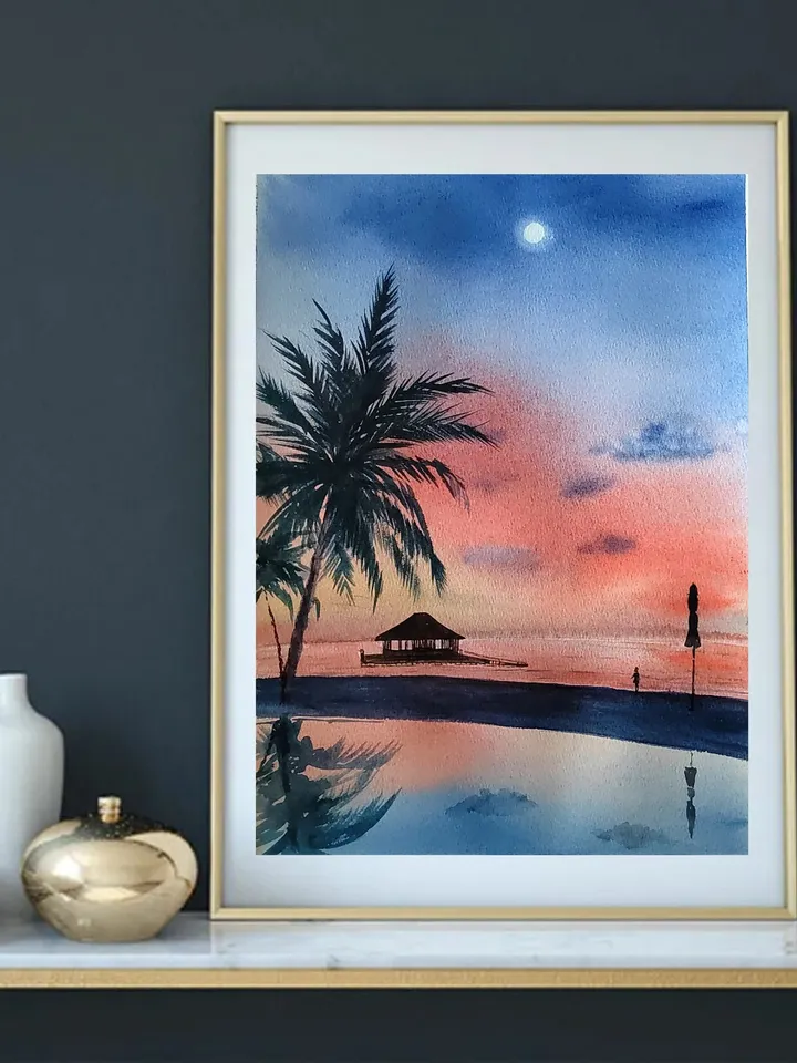 Original Watercolor Painting Sea Sunset Artwork Tropical Coast Art Bright Colors of Sea Sunset 27x39 cm by SoftWaves