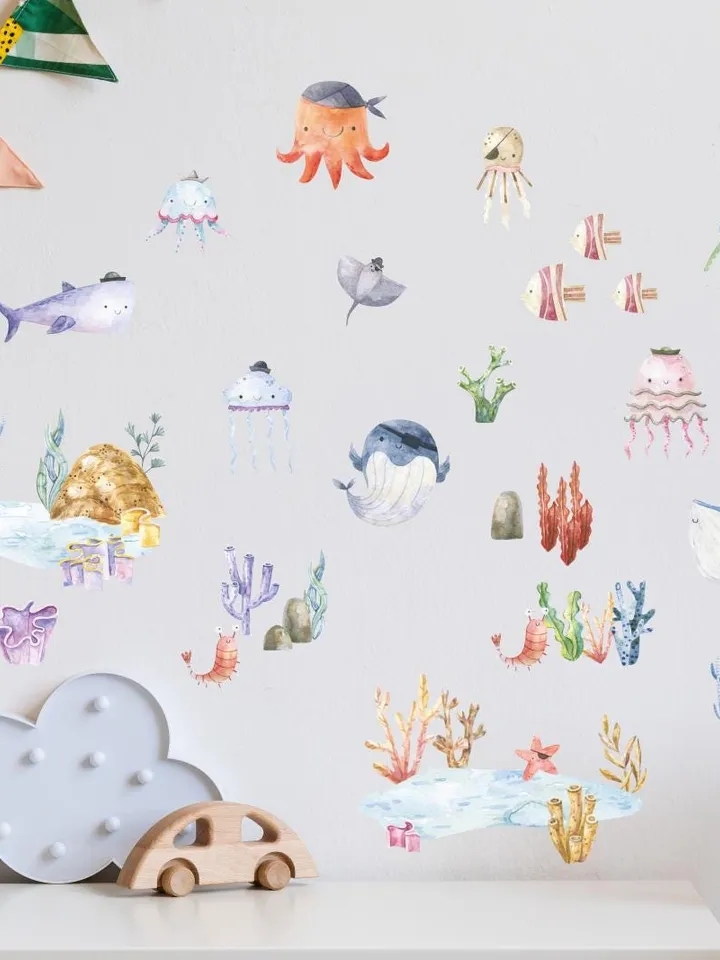 Pirates watercolor fish Wall Decal Ocean Underwater Bathroom Kids Stickers ek16