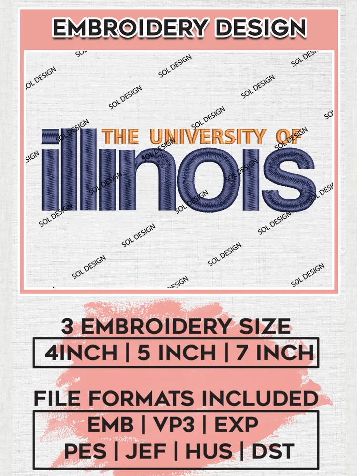 NCAA The Uni.versity Of Illinois Team Logo Embroidery Design Files, NCAA Illinois Fighting Illini Machine Embroidery, NCAA Teams, Game Day, 3 sizes, NCAA Machine embroidery designs, Digital Download