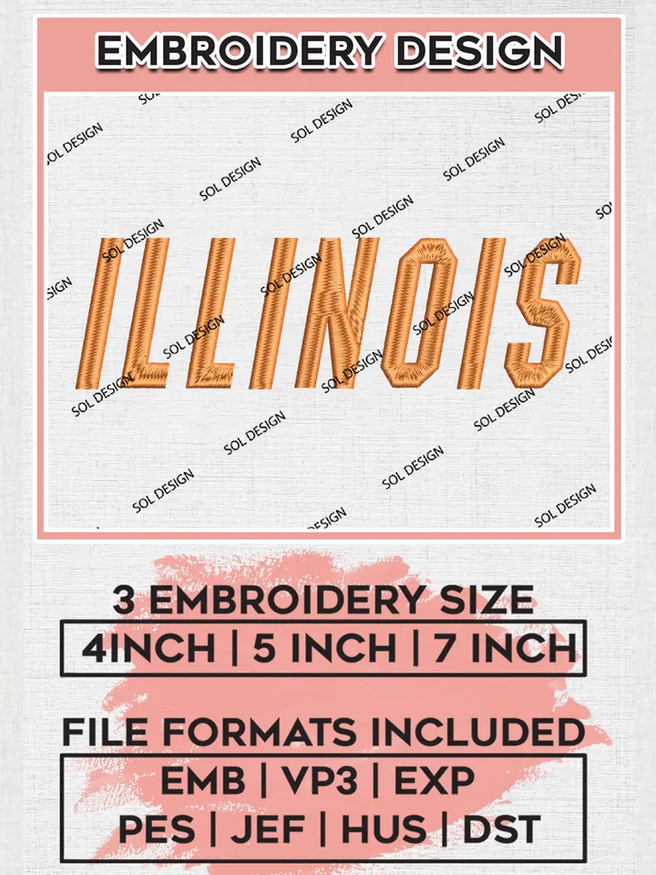 NCAA Illinois Team Word Logo Embroidery Design Files, NCAA Illinois Fighting Illini Machine Embroidery, NCAA Teams, Game Day, 3 sizes, NCAA Machine embroidery designs, Digital Download