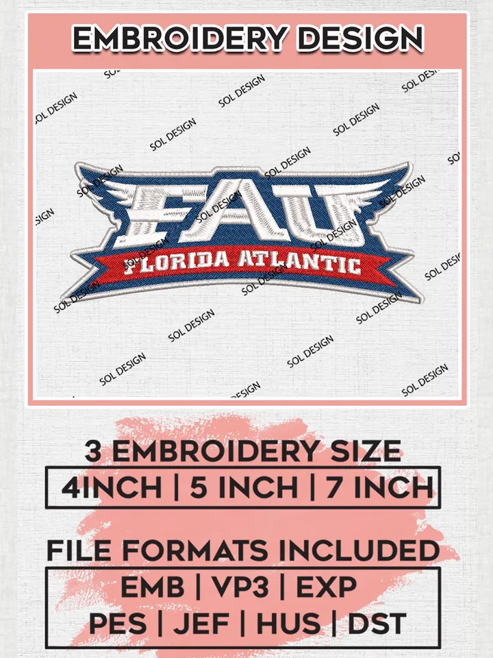 NCAA Florida Atlantic Owls Logo Machine Embroidery Design, NCAA FAU Owls Embroidery Design Design files, NCAA Team Embroidery Designs, NCAA Machine Embroidery Designs, Digital Download