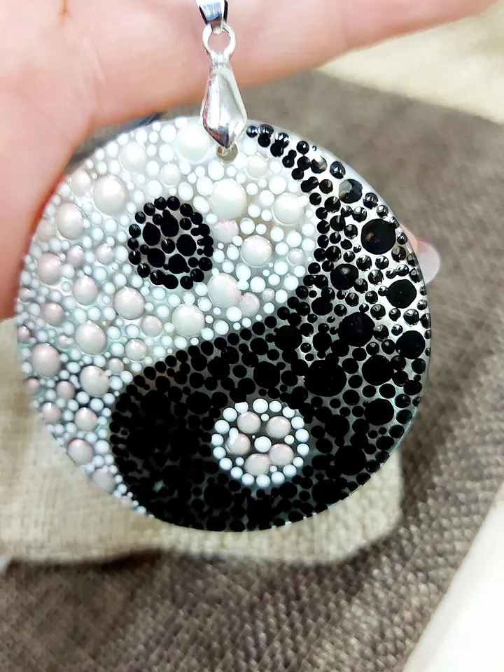 Illuminating Equilibrium: Hand-Painted Dotwork Yin Yang Pendant on Iridescent Mother-of-Pearl - Nacre Symbol of Ethereal Balance and Unity