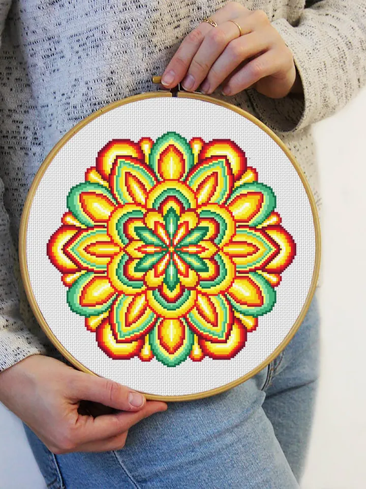 Colorful Mandala cross stitch pattern download PDF, Easy mandala ornament embroidery PDF, Floral ornament cross stitch, DIY Home decor #M69