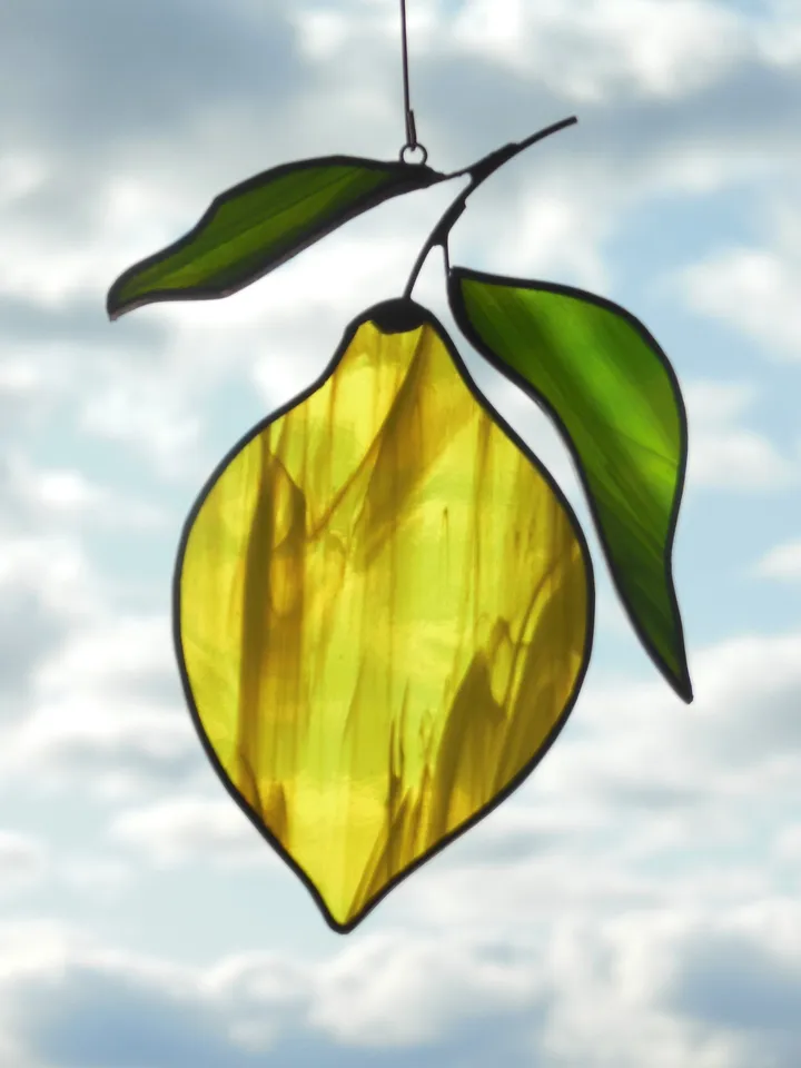 Yellow Lemon . Art stained glass window hanging Suncatcher (texture S ) kitchen fruit berries