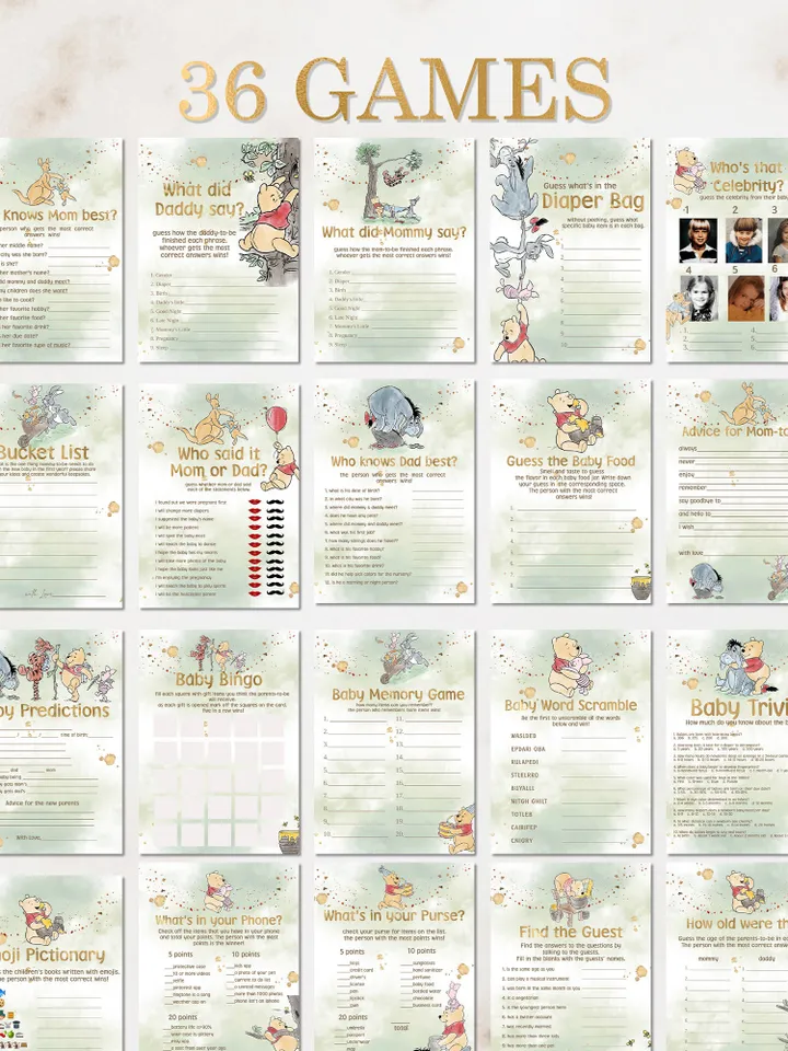 Winnie the Pooh Baby Shower Games; Winnie the Pooh Inspired; Printable Pooh Baby Shower Party Games; Honey Bear Shower Games; WP9