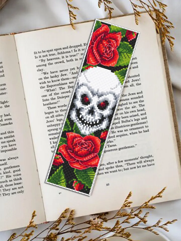Gothic bookmark cross stitch pattern PDF download Skull and roses cross stitch chart, Bookmark pattern digital PDF, Red flowers #B372
