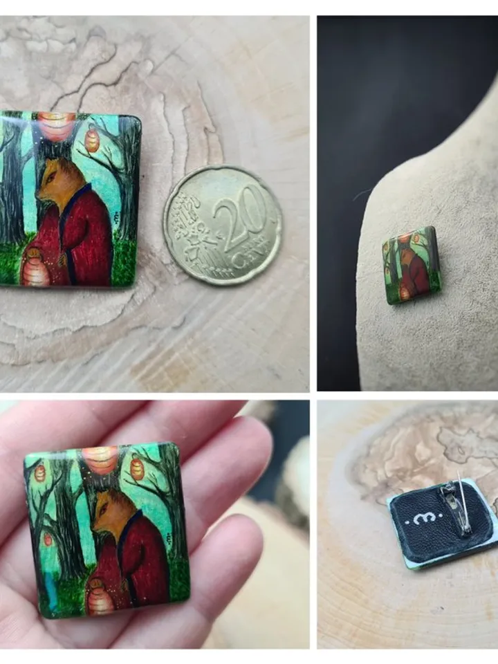 Kitsune brooch, real oil painting miniature on mother of pearl. Kitsune fox pin