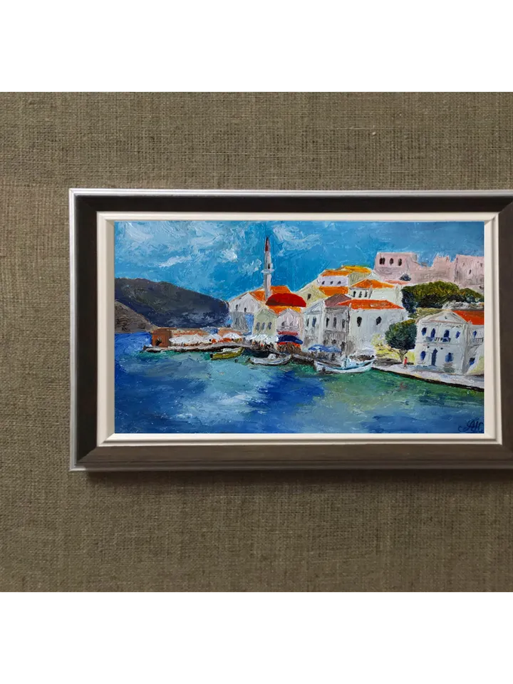 Cityscape Original oil painting landscape wall art seascape 8,3/5,3 inches handmade