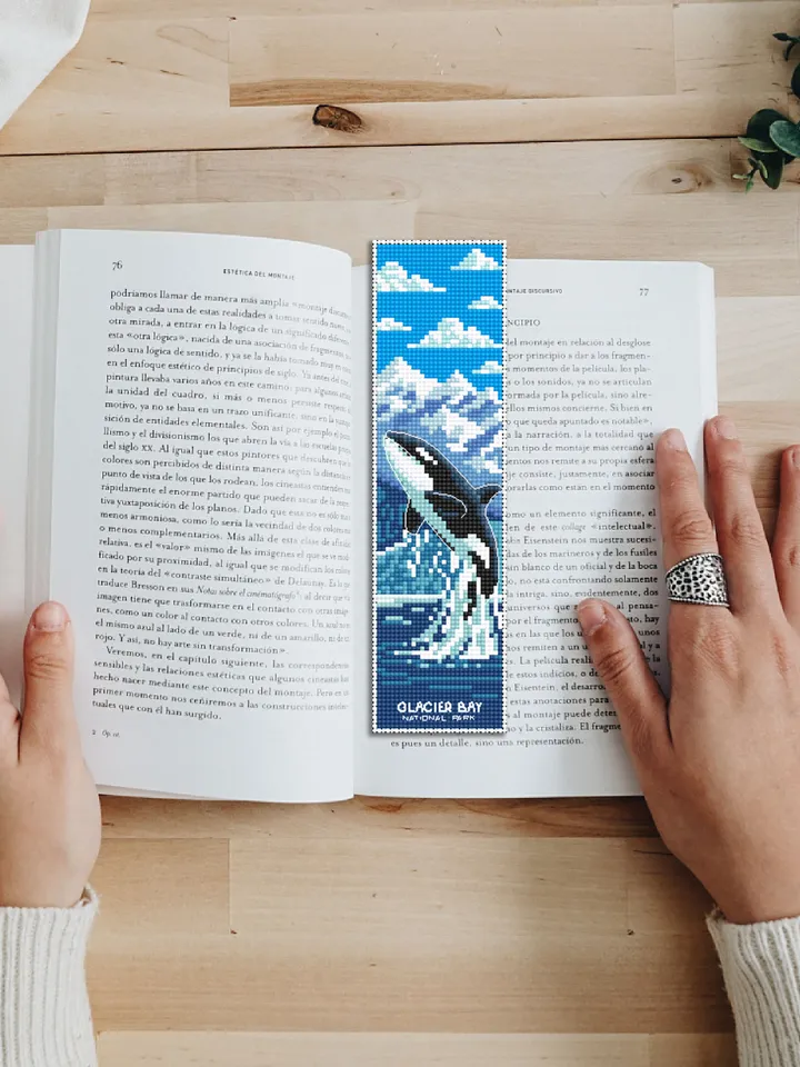 Ocean bookmark cross stitch pattern PDF download Killer whale cross stitch chart, Glacier bay national park bookmark pattern PDF, Orca #B183