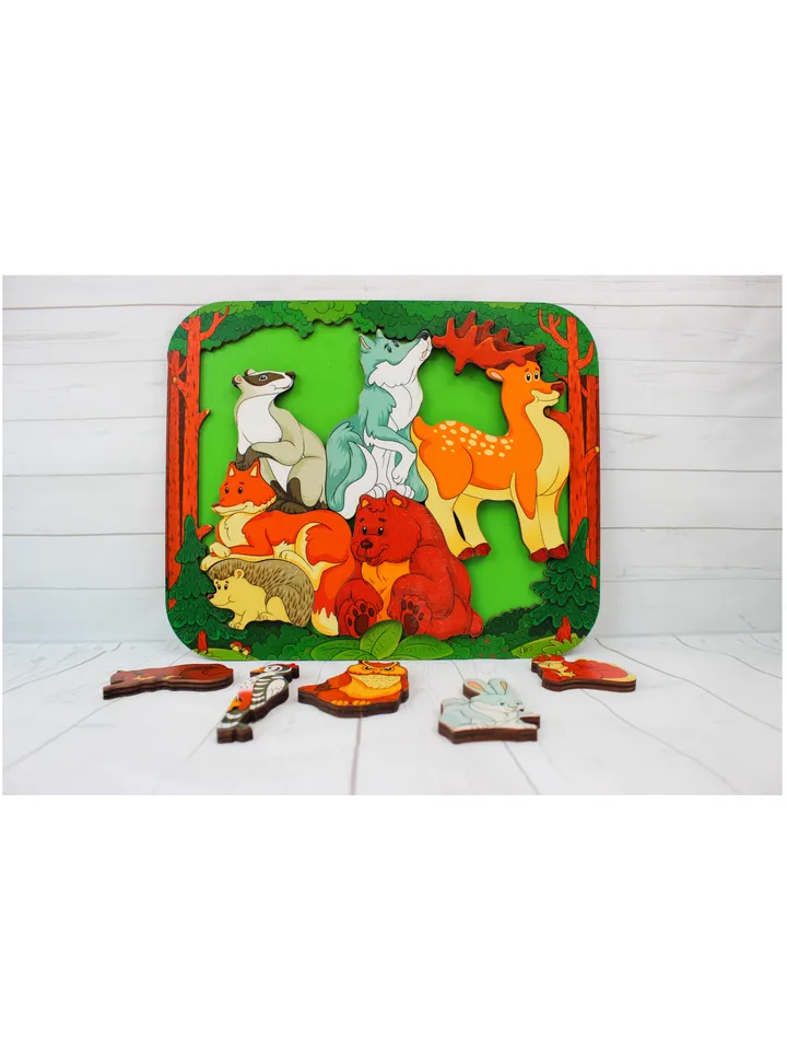 Wooden Puzzle - wild forest animals, Montessori toddler learning toy for 2 3 4 5