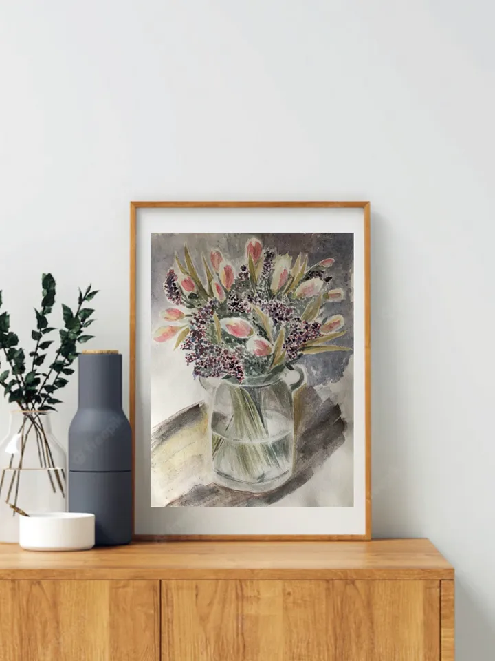 Pink tulips in vase original watercolour painting wall art flowers modern painting hand painted paper size 7x9 inches