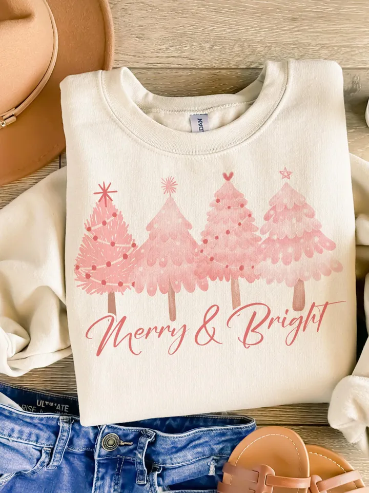 Merry & Bright PNG Sublimation File, Pink Pastel Christmas Sublimation Digital Download, Hand Drawn Christmas Trees, Pretty Pink Christmas