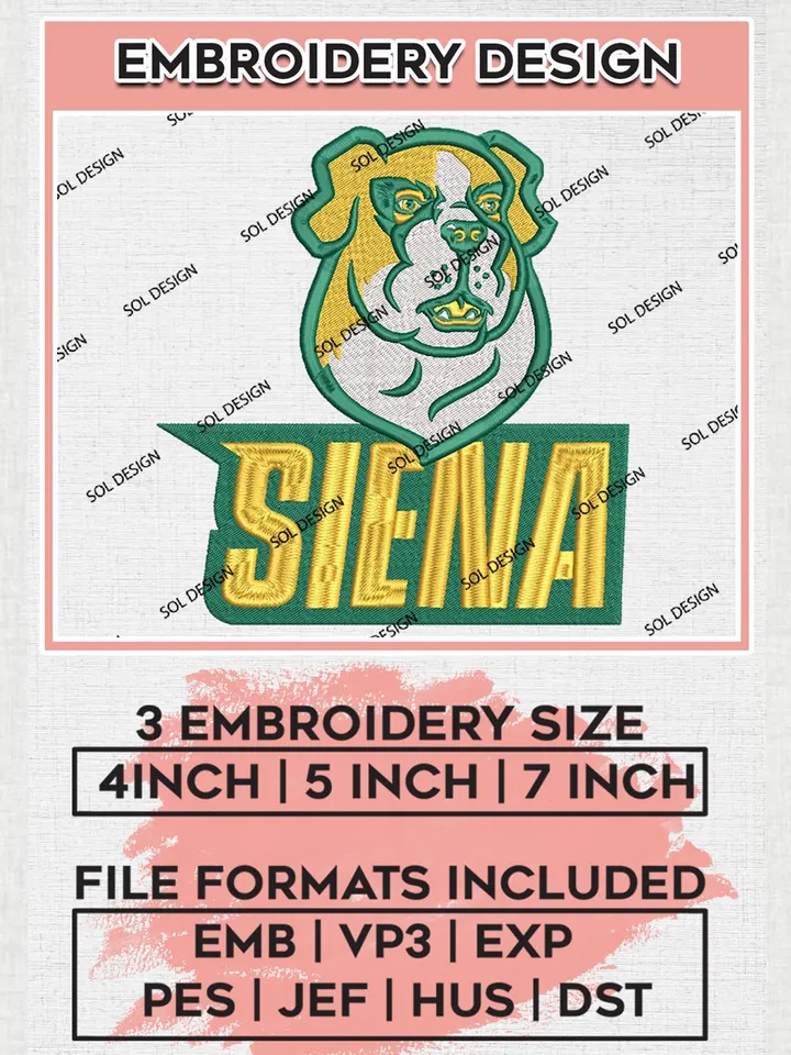 NCAA Siena Team Head Mascot Logo Embroidery Design Files, NCAA Siena Saints Machine Embroidery, NCAA Teams, 3 sizes, NCAA Machine embroidery designs, Digital Download