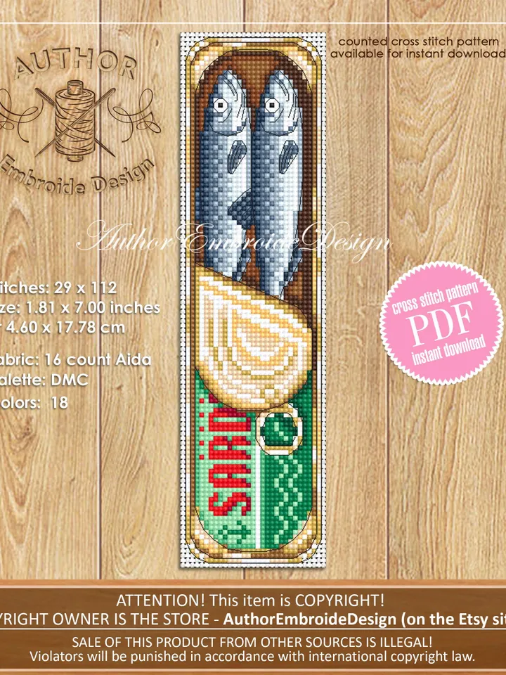 Sardine bookmark cross stitch pattern PDF download Canned sardines cross stitch chart, Funny bookmark pattern digital PDF, Small fish #B437