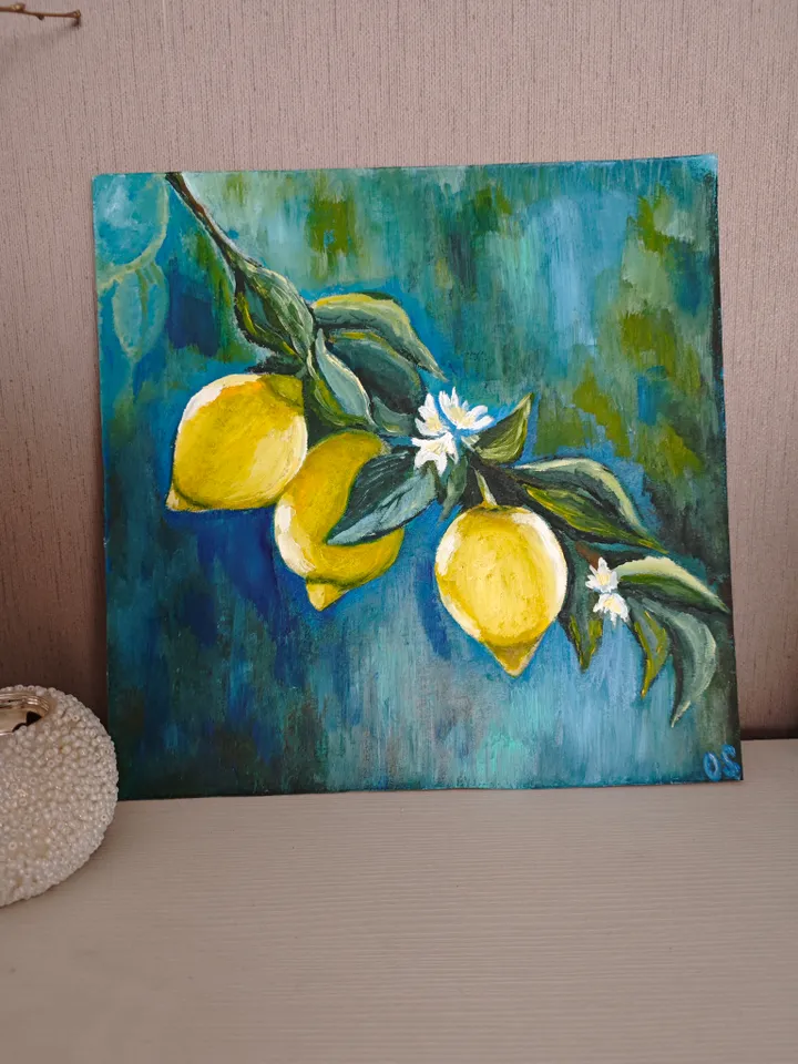 Lemons Original Painting Lemon Branch Artwork Three Lemons Modern Art Lemon Tree Branch Oil Painting Lemon Wall Decor 11.8 x 11.8 inches by OlgaSokolovaArt