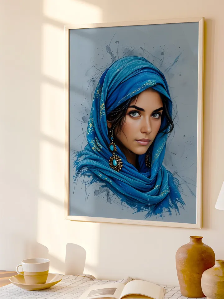Afghan Woman Portrait Wall Art Modern Indigo Print Middle Eastern Heritage Poster Arab Woman Artwork Blue Gallery Digital Download