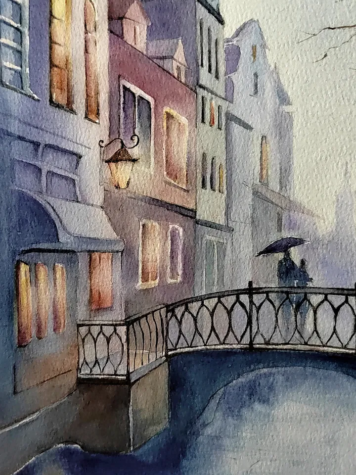 Original Watercolor Painting Urban Landscape Art City Bridge Artwork Rainy day Picture 30x40 cm by SoftWaves