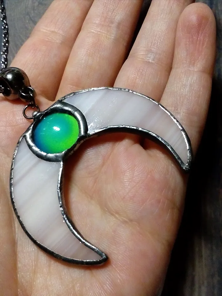 Stained glass moon, Mood stone crescent, Moon phase necklace, Stainglass crescent, Full moon
