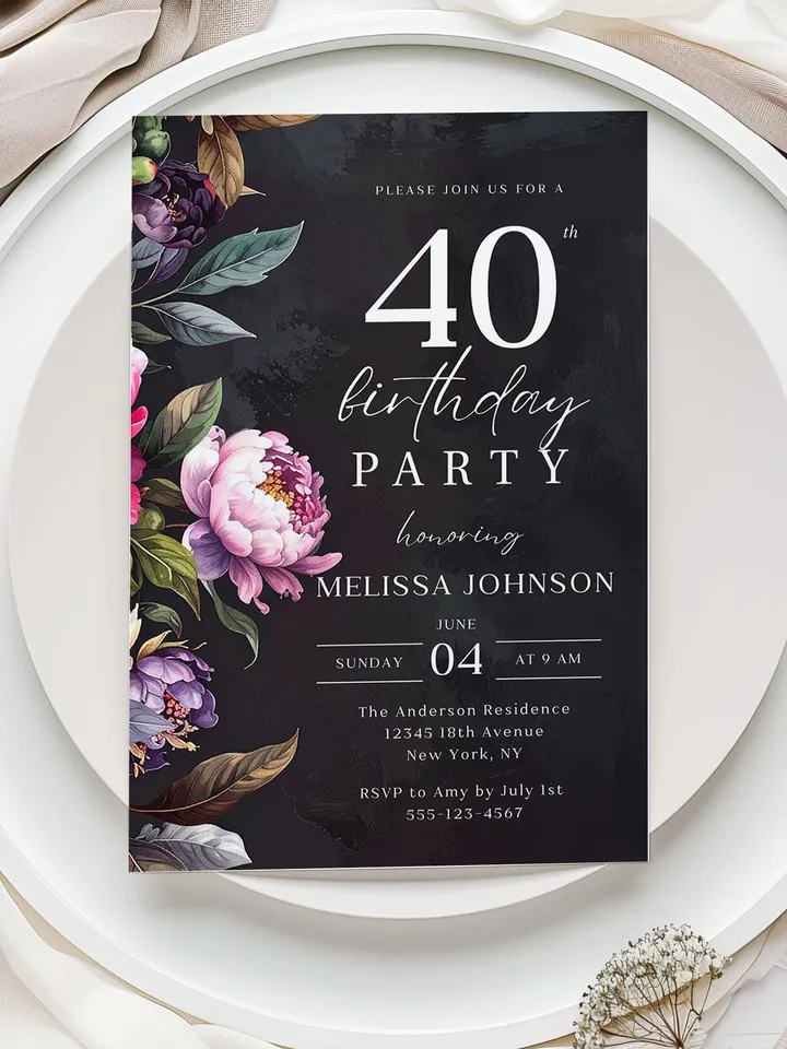 Modern 40th Birthday Canva Template – Moody Burgundy & Blush Peony Floral Invitation, Elegant Dark Background Birthday Party Invite