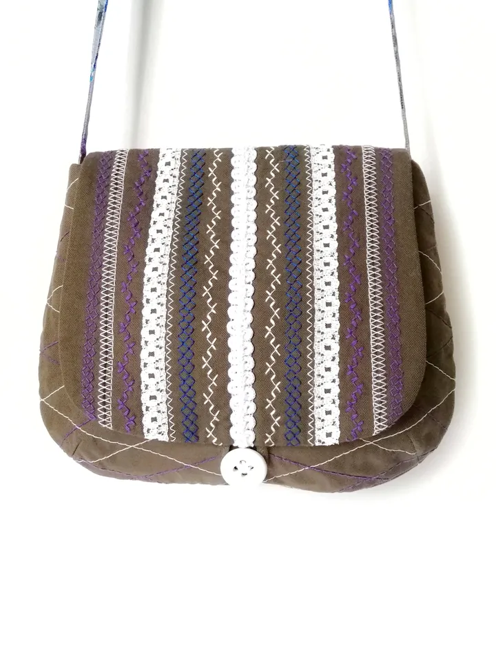Handmade Women's Quilted Fabric Crossbody Purses with Lace and Decorative Stitching in Grey and Khaki Colors - Small and Stylish. FREE SHIPPING!