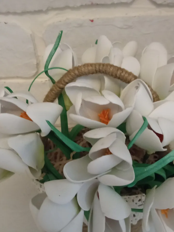 Handmade spring crocuses in linen basket/ floral arrangement/ Easter decor/ gift for her/ home decor/ mother day gifts