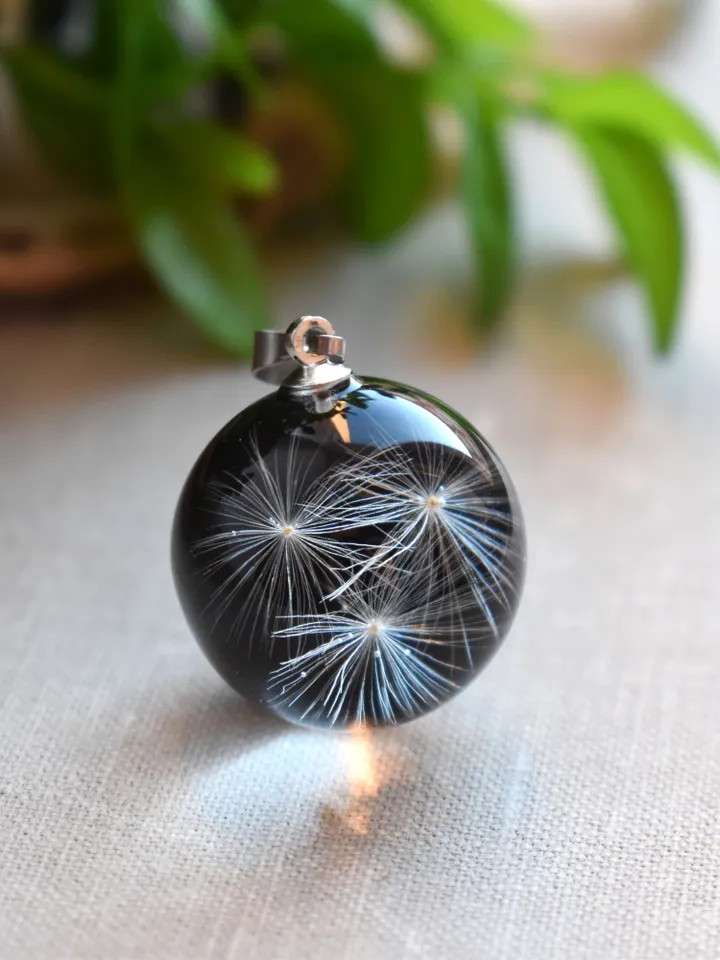 Real dandelion fluff pendant. A dandelion necklace. Transparent sphere pendant.