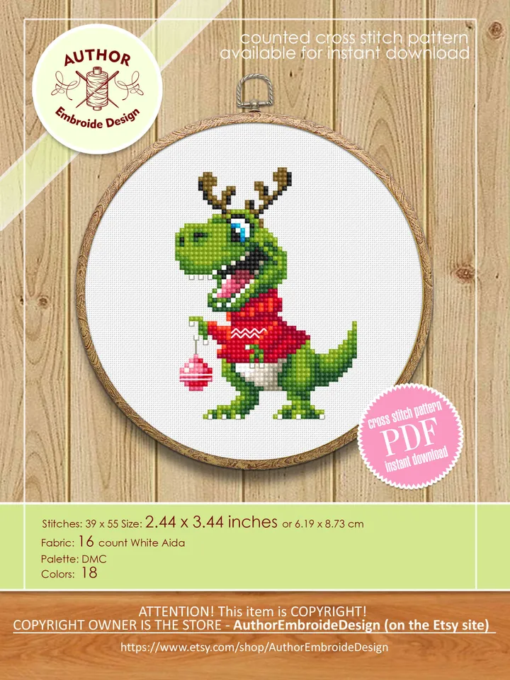 Funny dinosaur christmas cross stitch pattern PDF download, Set of 2 small dinosaur cross stitch chart, Cute dino pattern digital PDF #N116