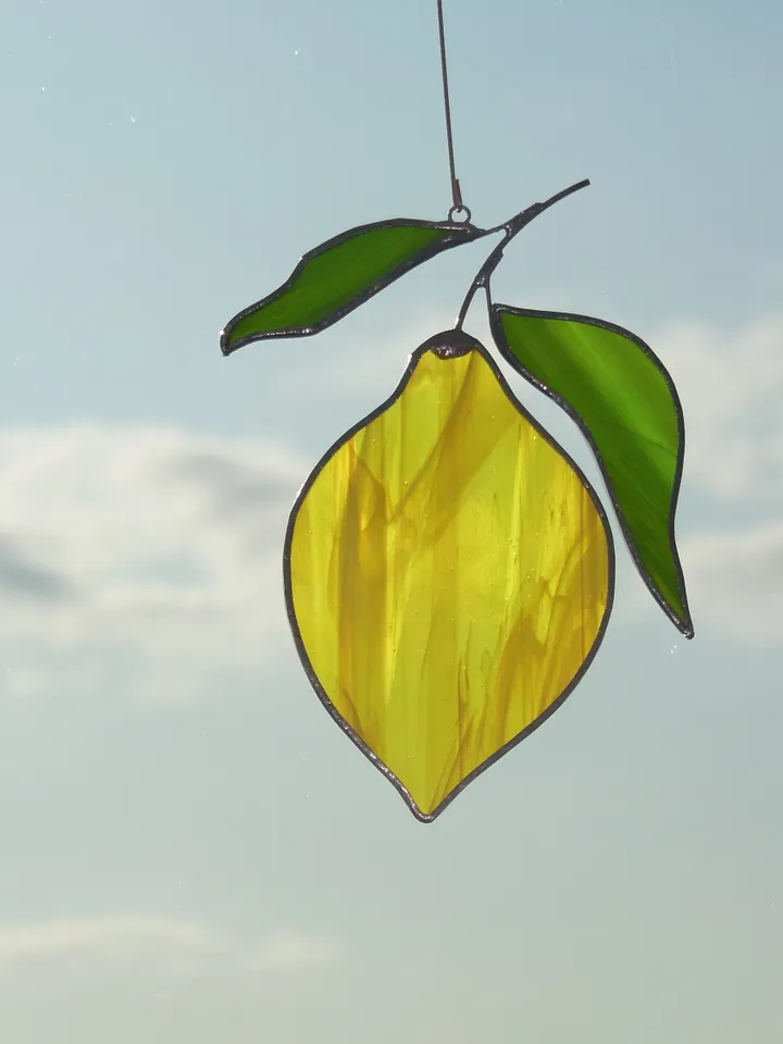Yellow Lemon . Art stained glass window hanging Suncatcher (texture S ) kitchen fruit berries