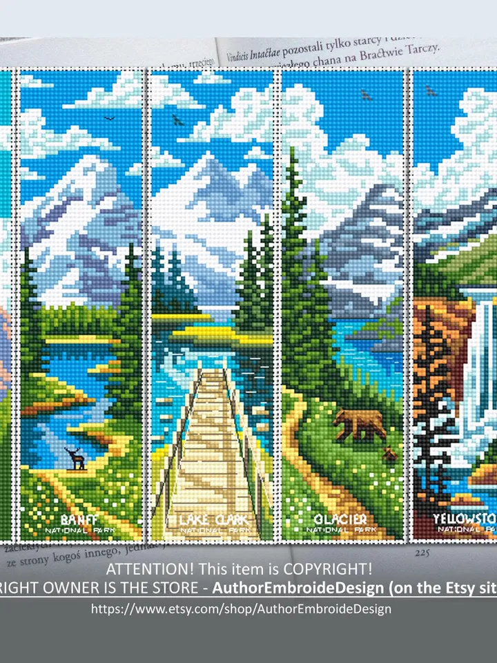National Park bookmark set cross stitch pattern PDF download Nature cross stitch chart, Digital bookmark pattern PDF, Mountains, Lake #B226
