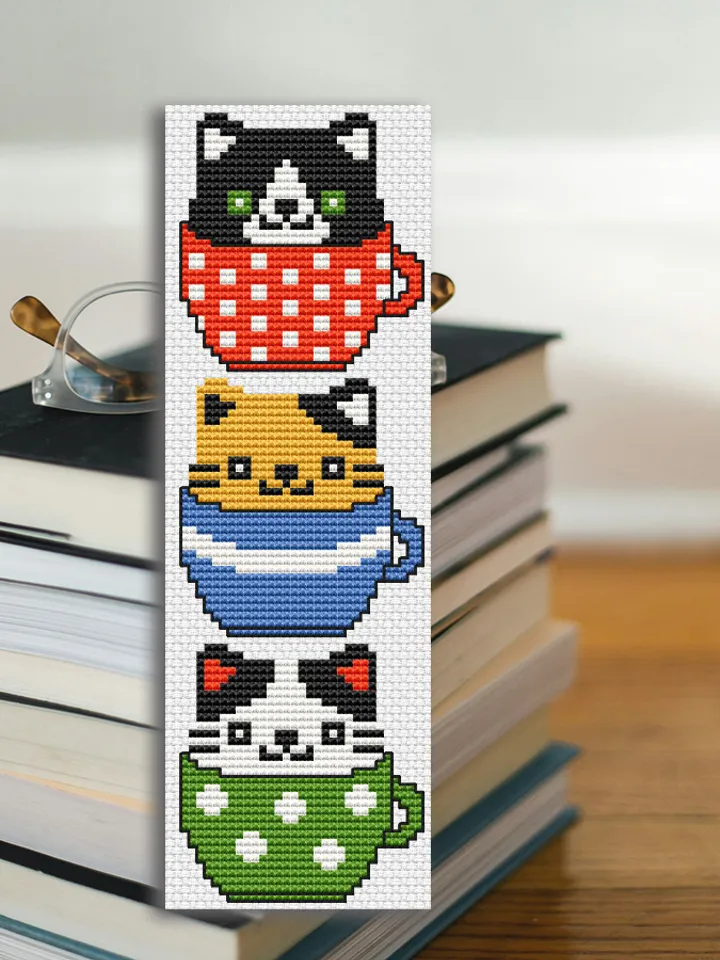Cross stitch bookmark pattern Kittens in a Cup