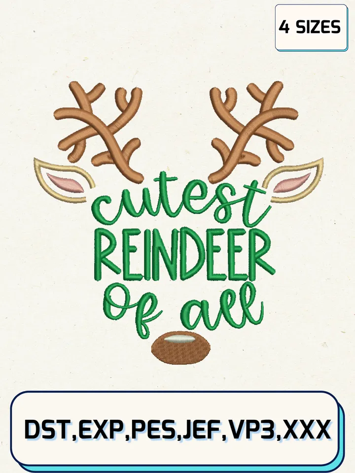 Cutest Reindeer Of All Embroidery Design Files,Christmas Embroidery Designs,Machine Embroidery Files,4 Sizes