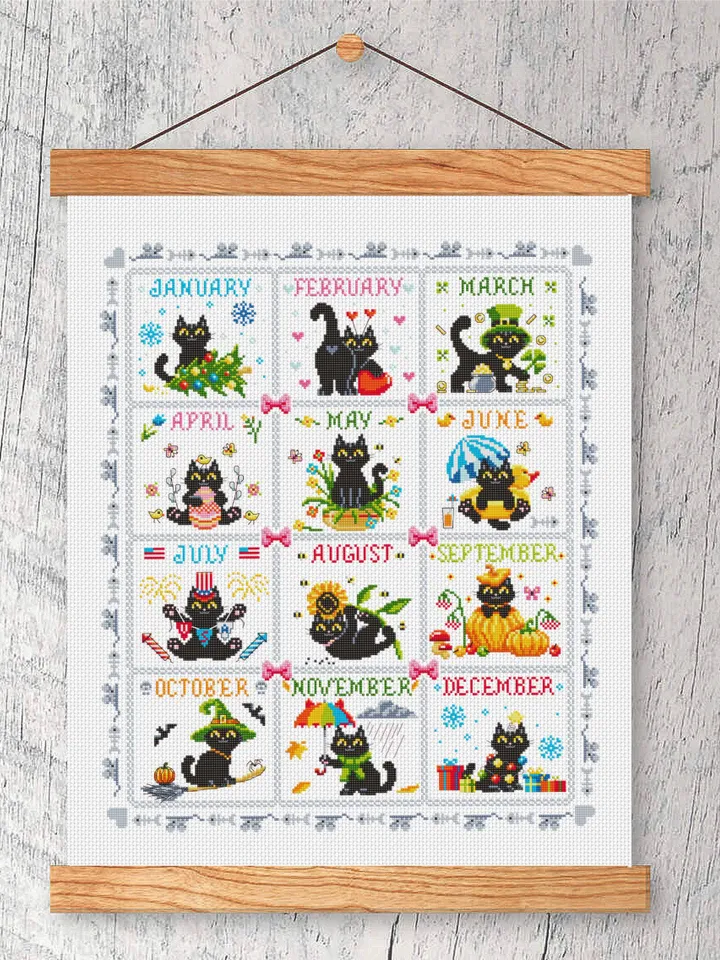 Funny cat calendar cross stitch pattern PDF download Black cat cross stitch chart, Cute cat pattern digital PDF, Cat holiday cards #K60