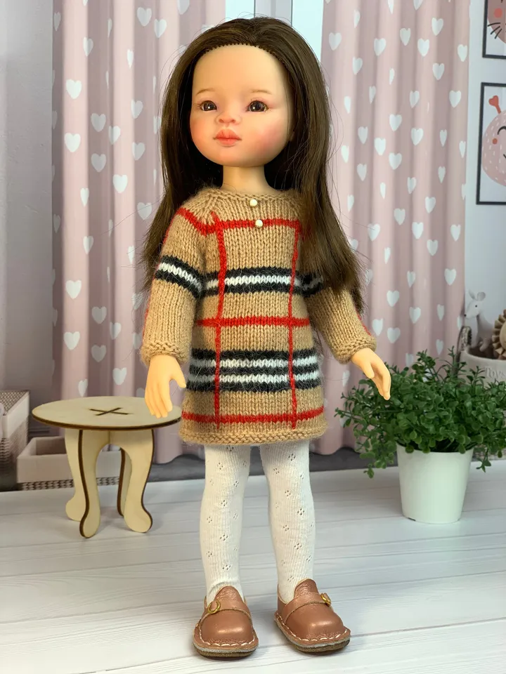 Сheckered Вress for Paola Reina doll KNIT PATTERN tutorial Boneka 12-13 inch doll, Ruby Red Siblies, Les Cheries 32 cm PDF eng