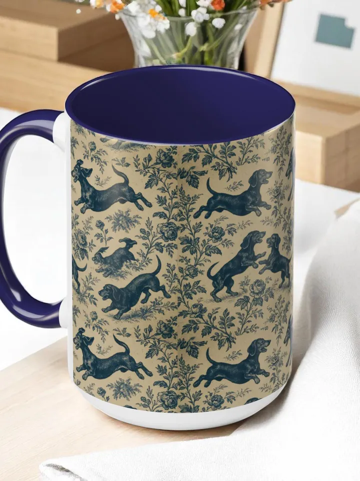 Dachshund French Toile de Jouy Ceramic Mug, Toile Coffee Cup for Doxie Mom, Sausage Dog Lover Gifts, Dog Tea Drinkware, Gift For Dog Lovers