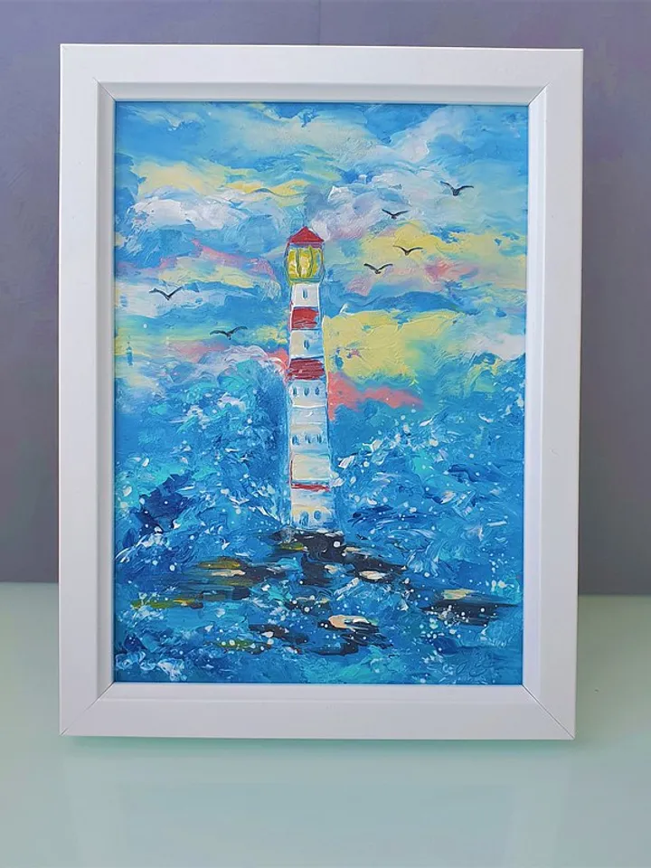 Lighthouse Painting Seascape Original Art Beach Wall Art Small Oil Painting