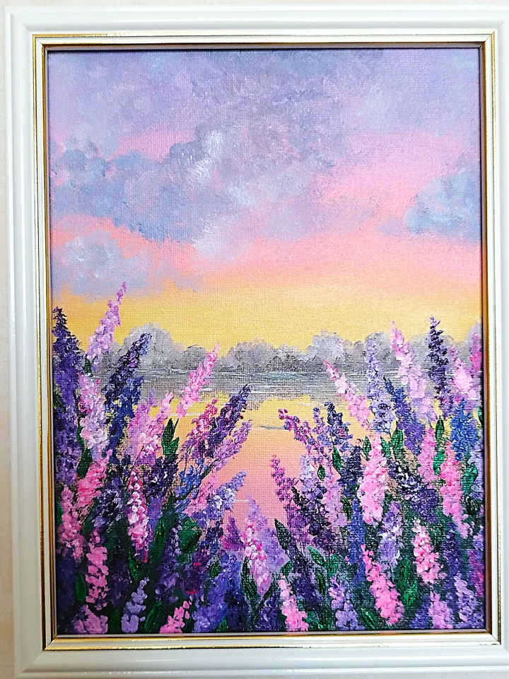 Sunset acrylic painting. Landscape art impasto wall decor