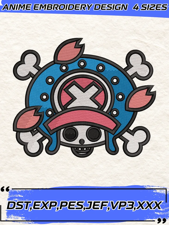 Tony Tony Chopper Jolly Roger Embroidery Design,One Piece Anime Embroidery Design,4 Sizes,Instant Download
