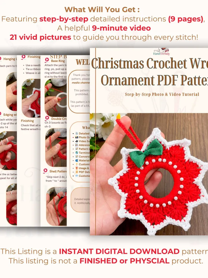 Christmas Crochet Wreath Ornament PDF Pattern – Easy DIY Holiday Decoration, Red & White Crochet Wreath with Pearls and Bow