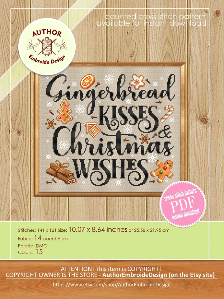 Christmas gingerbread cross stitch pattern PDF download Gingerbread kisses and christmas wishes, Merry Christmas pattern digital PDF #N169