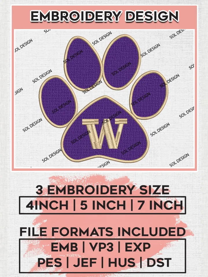 Washington Huskies Football Team Footprint Logo Embroidery Design Files, NCAA Washington Huskies Machine Embroidery, NCAA Teams, 3 sizes, NCAA Machine embroidery designs, Digital Download