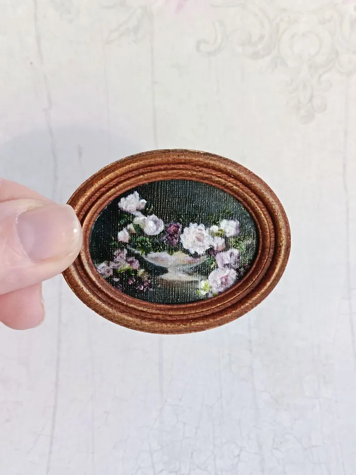 Miniature original oil painting with delicate flowers in vintage style for dollhouses in 1/12, 1/6 scale