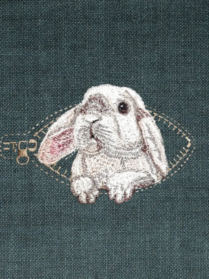 Rabbit in a zipper pocket Miniature realistic machine embroidery design Pet design rabbit realistic pattern rabbit embroidery motif