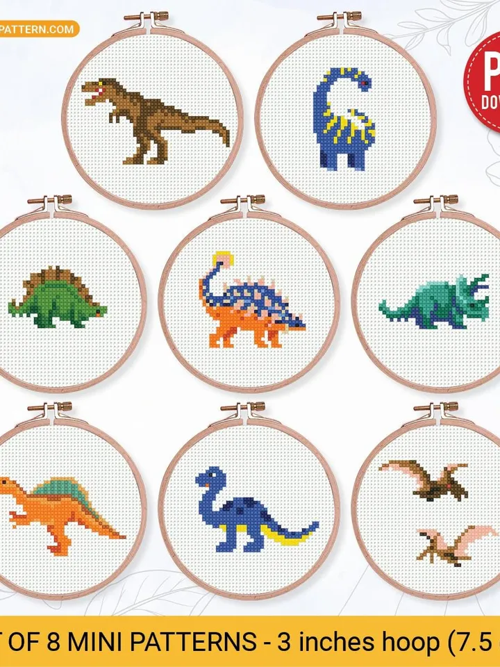 Bundle mini Dinosaurs 8 Cross stitch patterns, contemporary, Abstract, 3 inches, beginner, modern chart, gift DIY, embroidery, instant PDF