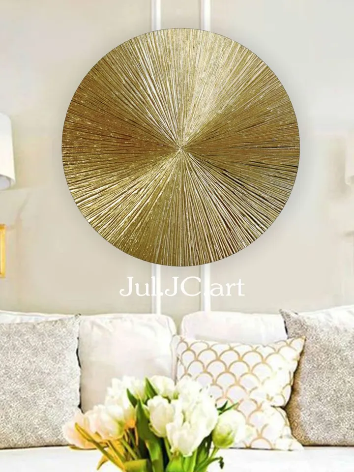 Golden Rays Abstract Wall Art Textured Original Painting on a round canvas | Gold Metallic Modern wall decor Gold Leaf Art