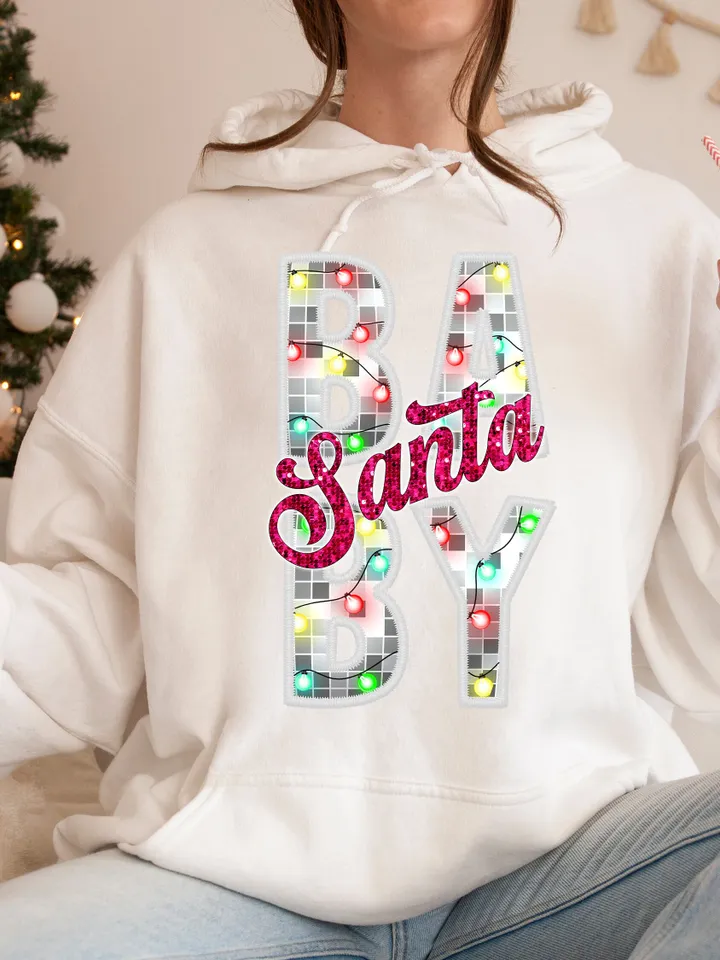 Santa PNG Santa Baby Faux Glitter Sequins Embroidery Letters PNG Pastel Christmas PNG Christmas Lights, Trendy Pink Christmas sublimation
