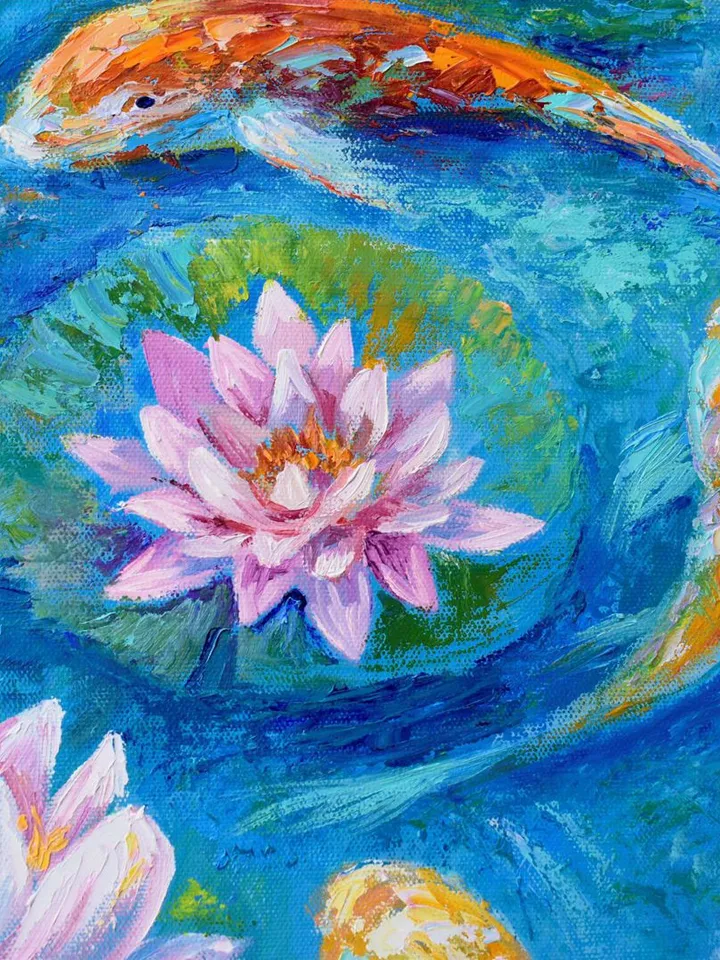 Koi Painting Original Art Fishes in the pond artwork 24 by 24 inch Water lilies art Koi fish Lotus oil painting